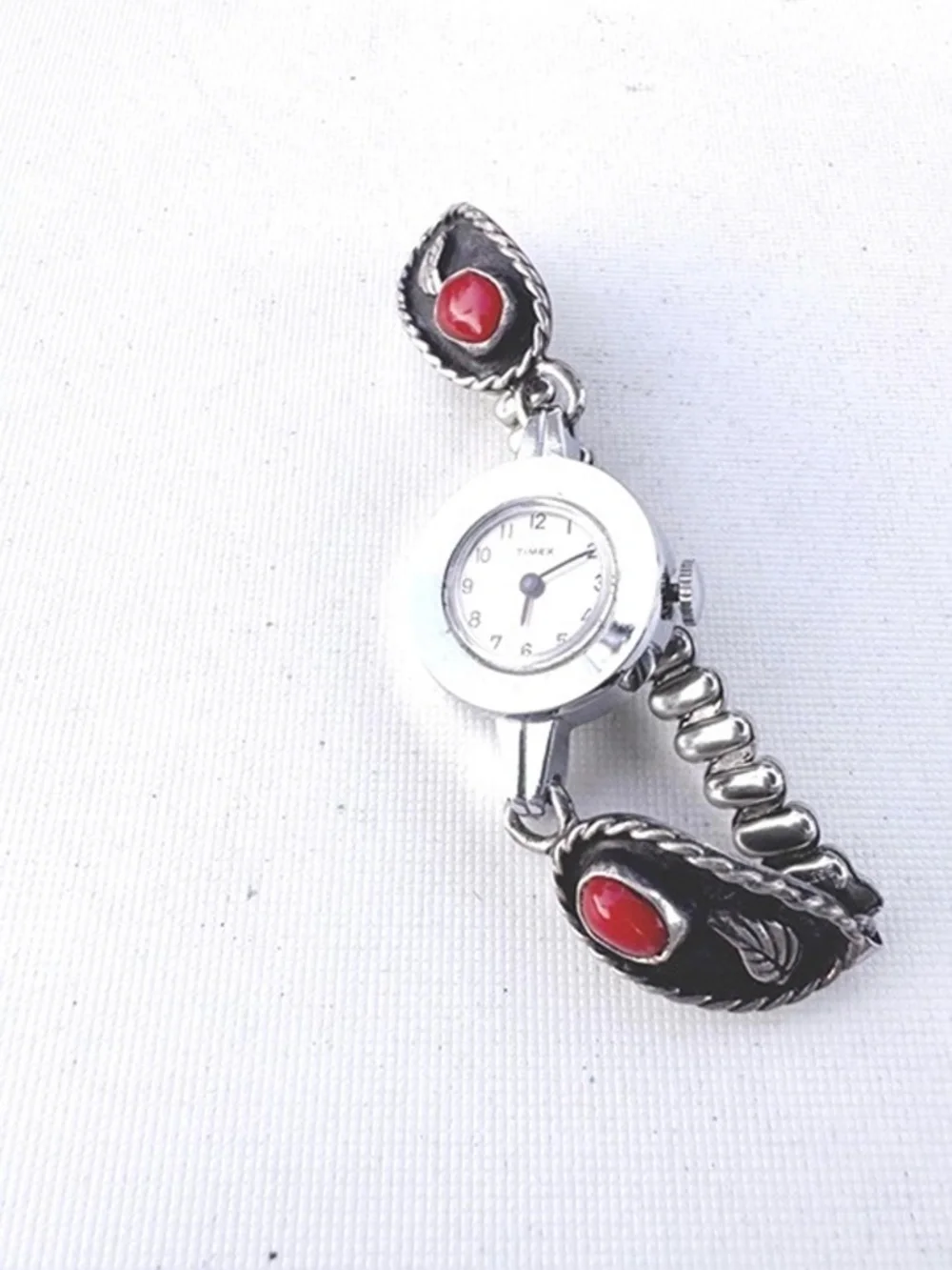 Vintage Timex Ladies Mechanical Watch Running 22mm 925 Sterling Silver Coral